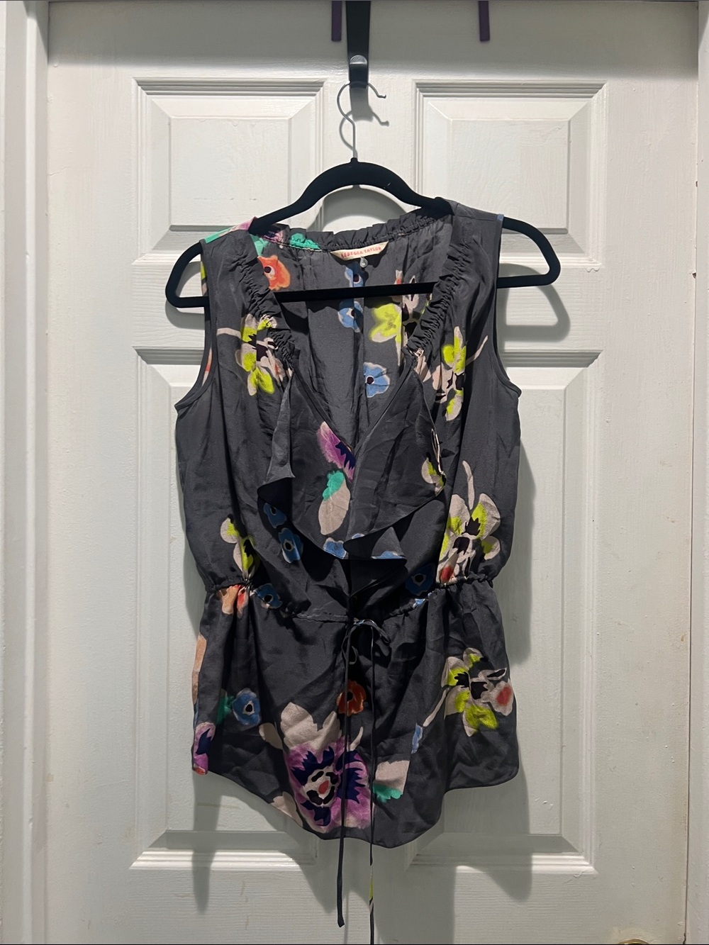 Rebecca Taylor Charcoal Floral Ruffle-Front Camisole Top 100% Silk